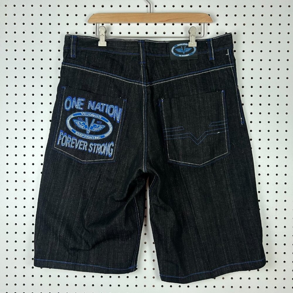Evolution In Design‎ Baggy Jean Shorts Size 38 Black Denim Gothic Blue Stitched